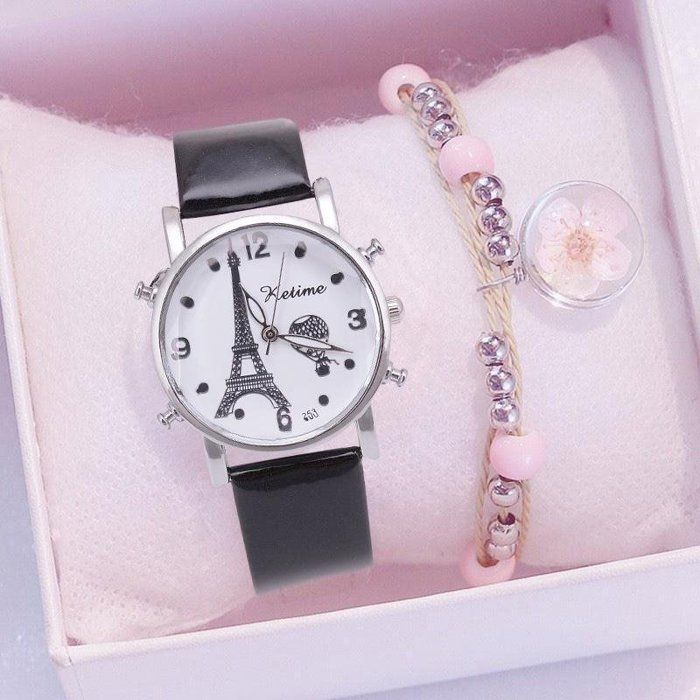 Coffret Cadeau Montre Fille Ado Enfant - La Tour Eiffel Montre à quartz Bracelet Gris - Cadeau Femme