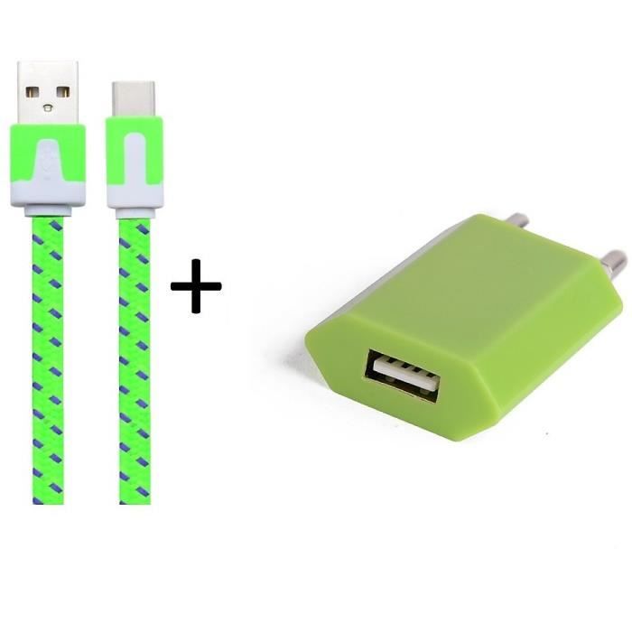 Pack Chargeur pour SAMSUNG Galaxy A10 Smartphone Type C (Cable Noodle 1m Chargeur + Prise Secteur USB) Murale Android (VERT)