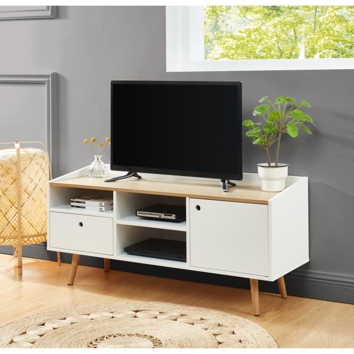 CALDERA Meuble TV, laqué blanc mat et plateau coloris bois