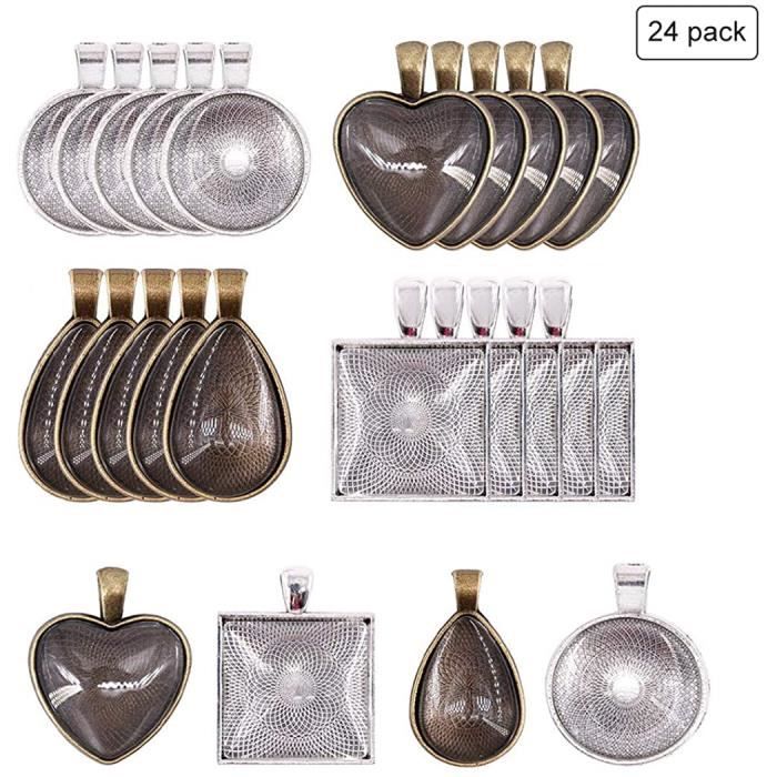 Ensemble Cabochons,24 Pack Plateaux Supports Pendentif Rond avec Cabochons en Verre 24 Pack Transparent Dome pour Fabric 12788