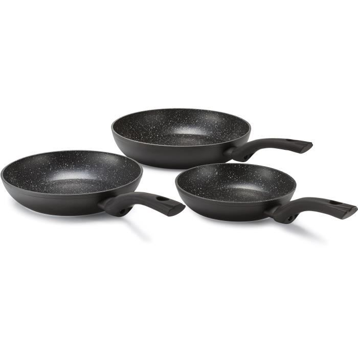 KITCHEN FUN BY BEKA - 13955974 - LOT DE 3 POELES KITCHEN ROC 20-24-28 CM EN ALUMINIUM ASPECT FORGE -TOUS FEUX + INDUCTION