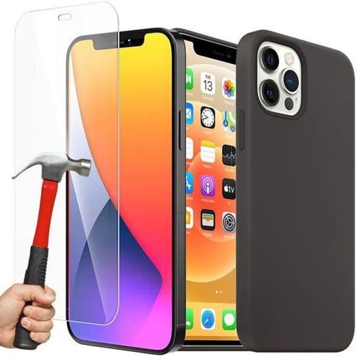 Coque Noire Iphone 12 pro, Coque Silicone Liquide + Verre Trempé pour iPhone 12 Pro (6,1\