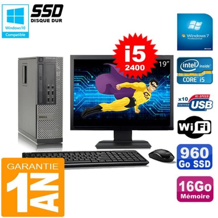 PC DELL 7010 SFF Core I5-2400  16Go Disque 960Go SSD Graveur Wifi W7 Ecran 19