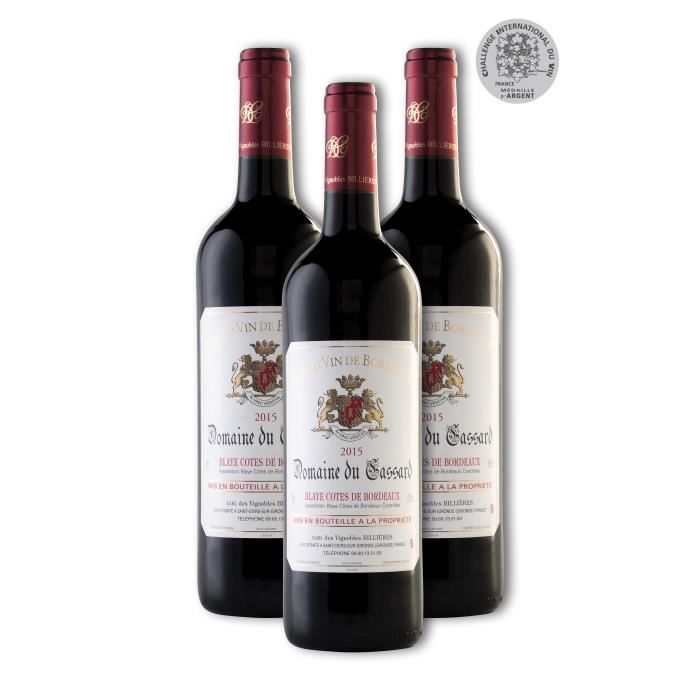 Lot de 3 Bouteilles - Vin Rouge Blaye Côtes de Bordeaux Domaine du Cassard - Cuvée Tradition- Médaille d'Argent