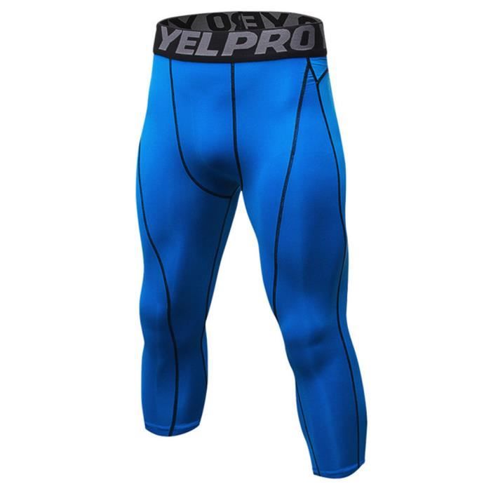 Homme Collant Running Fitness Pantalon de Compression 3-4 Capri Legging Sport Collants Baselayers Bleu S