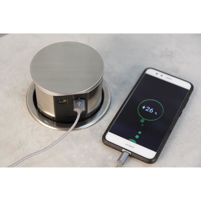 OTIO Bloc multiprise encastrable compact 3 prises 16A 2P+T & 2x USB Finition Inox
