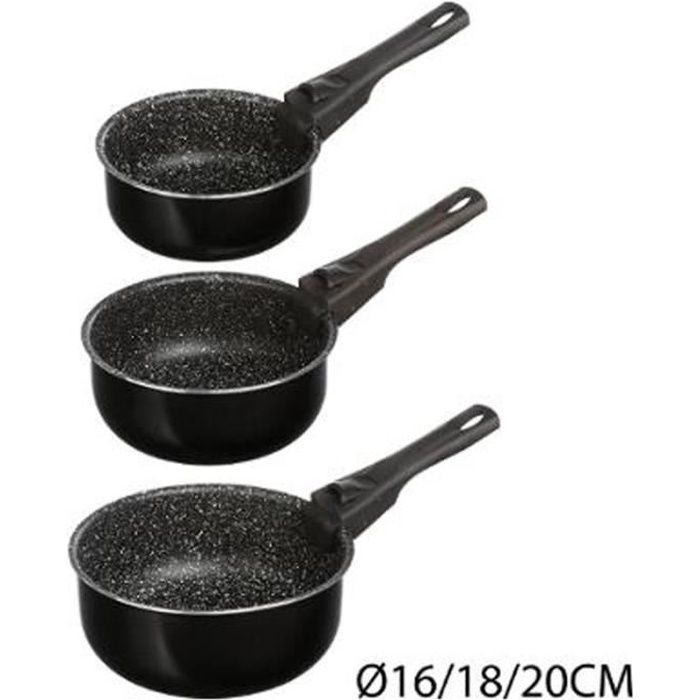 Lot de 3 Casseroles Poignée Amovible -Pierre- Noir
