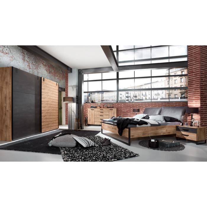 Ensemble chambre adulte complète Imitation chene poutre, rechampis raw steel - 180 x 200 cm