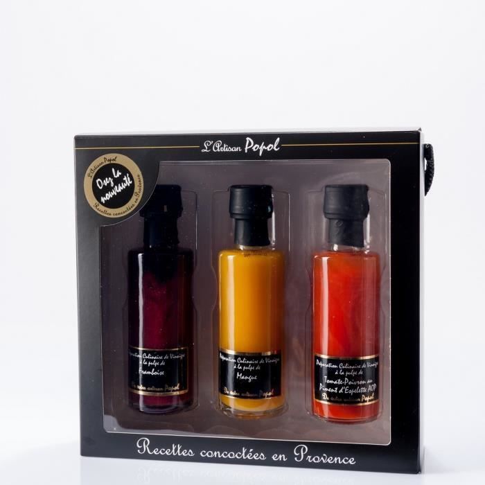 Coffret 3 vinaigres à la pulpe de fruit - Vinaigre Framboise, Mangue ou fruit de la Passion et Tomate/Poivron au Piment d'Espelette