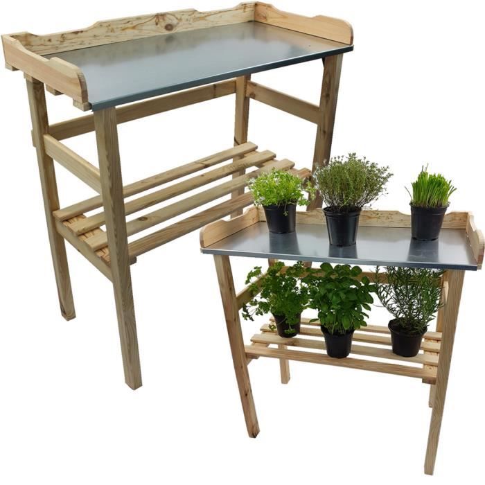 Table de rempotage 82 cm en naturel – Table de jardin pour pots de fleurs en bois FSC® impregné et surface de travail en métal