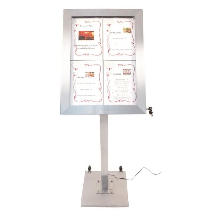Porte-menu LED format 4 x A4 en Inox brossé avec pied (roulettes intégrées) 6,5 Acier Inoxydable