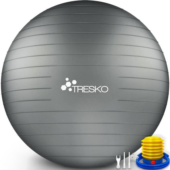 TRESKO Ballon Fitness Yoga Balle d’Exercice Antidérapant Balle Gymnastique avec Pompe 300 kg | avec pompe à air | Gris | 75cm
