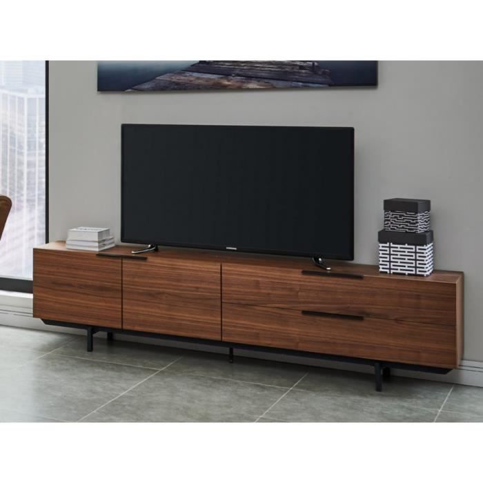 Meuble TV TAYRON - 2 portes & 2 tiroirs - MDF & Pieds métal - Coloris Noyer