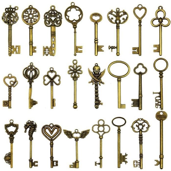 24 pièces grandes clés squelette en bronze antique clé rustique pour la décoration de mariage faveur, collier pendentifs, fabricatio