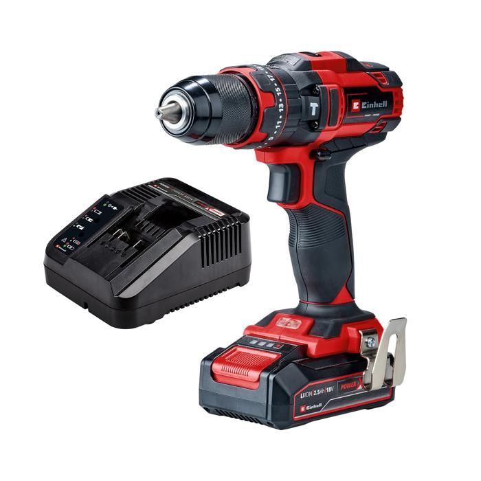 Einhell Perceuse visseuse à percussion sans fil TE CD 1844 Li i 1 x 2 5 Ah Power X Change 18 V 44 Nm perçage à percussion mandrin métallique 13 mm 2 vitesses avec batterie 2 5 Ah et chargeur