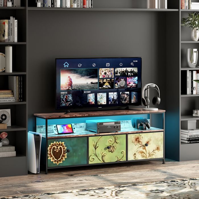 Meuble TV - BLANKETSWARM - 137x30x57cm - LED 9 modes - 3 tiroirs en tissu - Style industriel