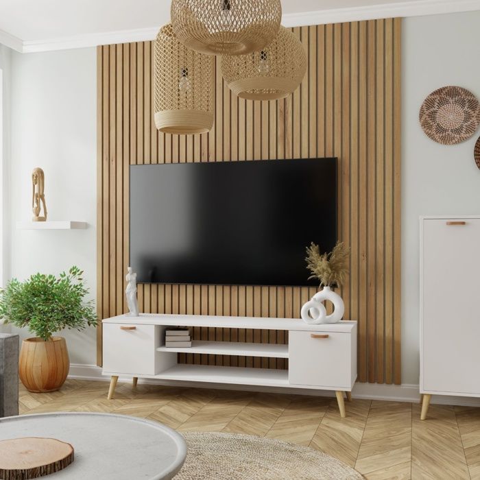 Meuble TV Focus 135 cm Armoire TV - blanc pieds bois style scandinave L