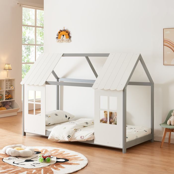 Lit cabane Tostedt pour enfant forme maison bois de pin 90 x 200 cm gris blanc [en.casa]