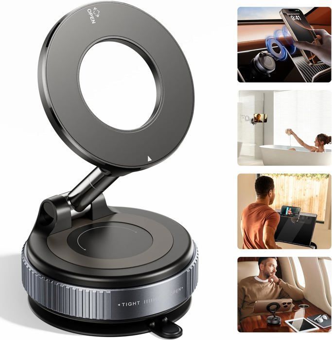 Support Téléphone Voiture Magnétique Avec Ventouse Puissante - Rotation 360° - Compatible Tous Smartphones (avec Ou Sans MagSafe) - Pour Tableau De Bord Ou Pare-brise