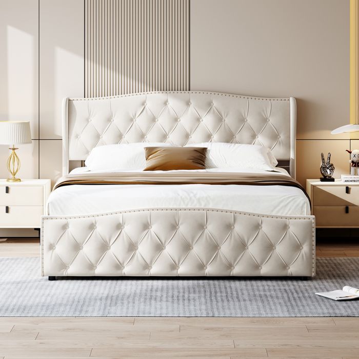 Lit capitonné 140 x 200 cm lit double hydraulique lit continental en flanelle lit coffre lit double adulte beige