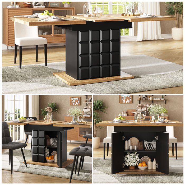 Table de Cuisine 4 à 6 Personnes Table a Manger Extensible Porte à Motif à CarreauxTable a Manger Noir avec Rallonge110-140×80cm