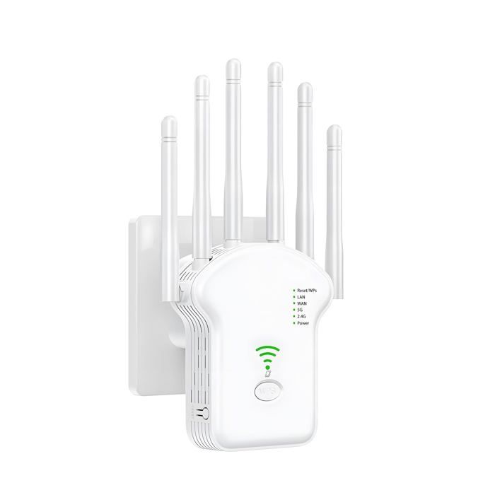 Répéteur WiFi 1200 Mbps Ultra Puissant - Amplificateur WiFi 6 Double Bande 5GHz/2.4GHz Avec 6 Antennes Haute Gain, 2 Ports Ethernet, Compatible Toutes Box (Free, SFR, Orange, Bouygues)
