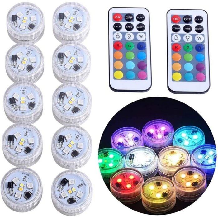 10 pcs Mini Lumières LED Submersible LIGHT Lampe sous-Marines Étanche RGB Multicolore Bougies LED Éclairage avec 2 Télécommandes