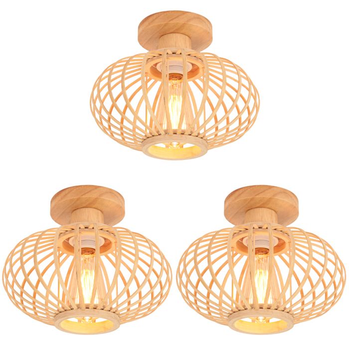 iDEGU 3pcs Plafonnier Vintage en Bambou Lampe de Plafond Bois Rétro Ø25cm Abat-jour Design Lanterne Lustre Boho pour Salon Chambre