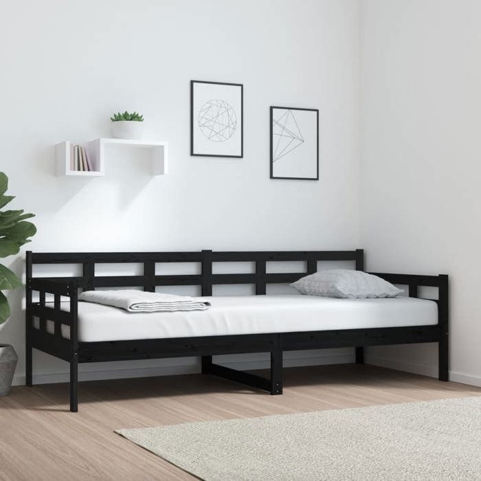 Lit de jour en bois de pin massif - UU - Noir - 80x200 cm - 2035x86x695 cm - Multifonctionnel - Lattes robustes