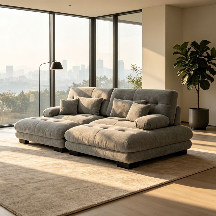 Canapé 2 Places en Chenille Grise - Canapé Capitonné avec Repose-pieds et Structure Supportant 450kg - 220x145x81cm