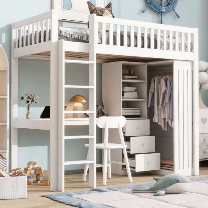 90x200cm Lit Mezzanine Multifonctionnel avec Bureau Armoire Lit Surélevé avec Compartiments de Rangement Tiroirs-sans matelas Blanc