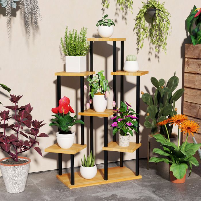 Support à plantes à 7 niveaux pour intérieur et extérieur étagère plante en acier et bois bois naturel