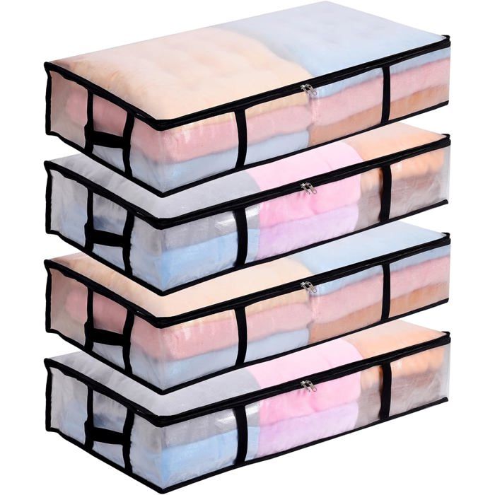 Boîtes de rangement sous le lit - JOZSI - Lot de 4 - 90 L - 100x50x18 cm - Transparent - Pliable - Fermeture éclair