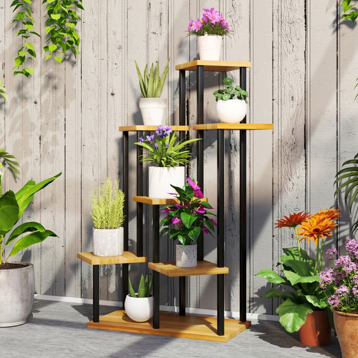 MOTHINESSTO3664-Support à plantes à 7 niveaux pour intérieur et extérieur étagère plante en acier et bois bois naturel