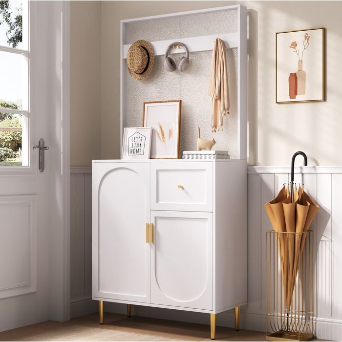 Meuble dentrée blanc et or 80 x 35 x 175 5 cm étagères réglables et fermeture douce