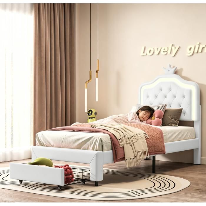 Lit rembourré pour enfant 90x200 cm Lit Princesse Couronné avec LED Réglable et 1 Tiroir Cuir PU Blanc Lit Simple pour Adolescent