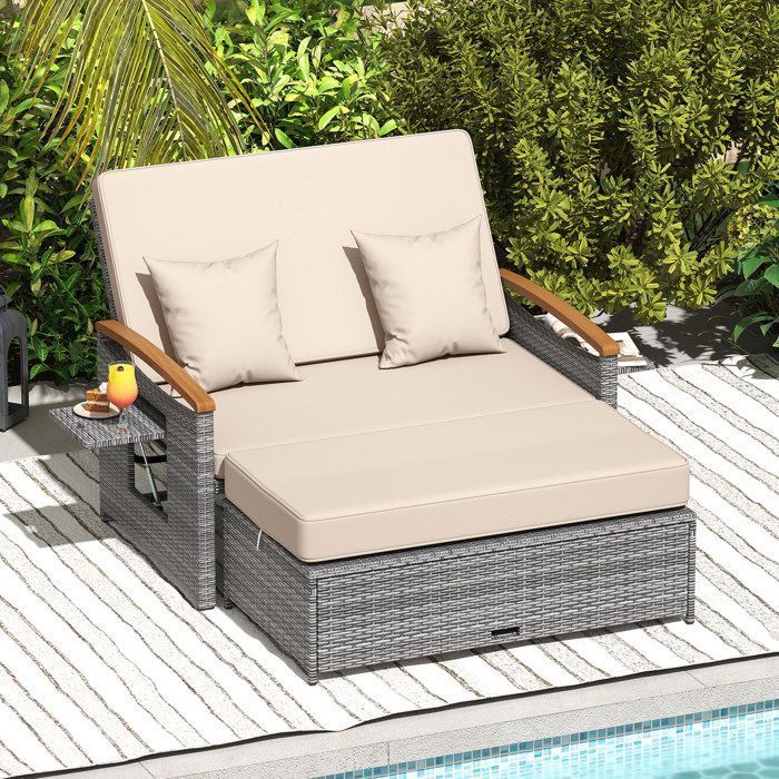 Ensemble Canapé 2 Places de Jardin COSTWAY en Rotin Tables Pliantes Pouf Dossier Réglable en 4 Niveaux Coussins Amovibles Beige