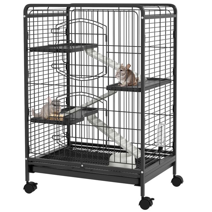 Cage pour rongeurs cage pour Petits Animaux Roulante 3 Rampes 3 Plates-formes Plat et Bouteille dEau Bac Inférieur Amovible