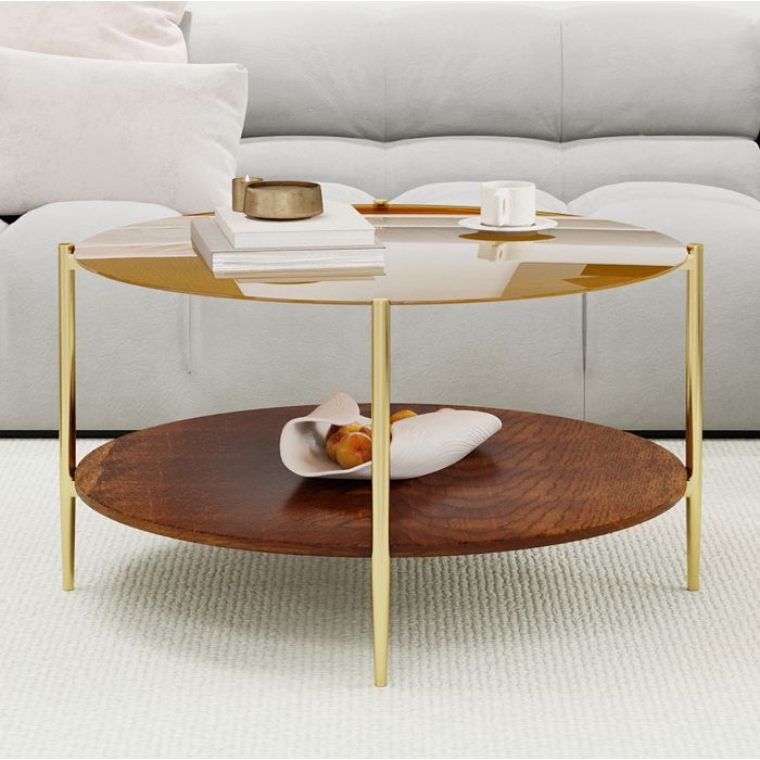 Table basse ronde 82 cm en verre trempé doré double plateau avec étagère inférieure en bois et structure métal