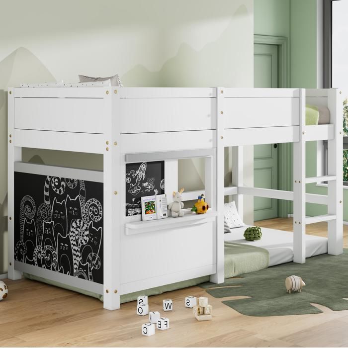 WOVREO Lit surélevé enfant 90x200 cm avec panneaux ardoise étagère et échelle 3 marches blanc