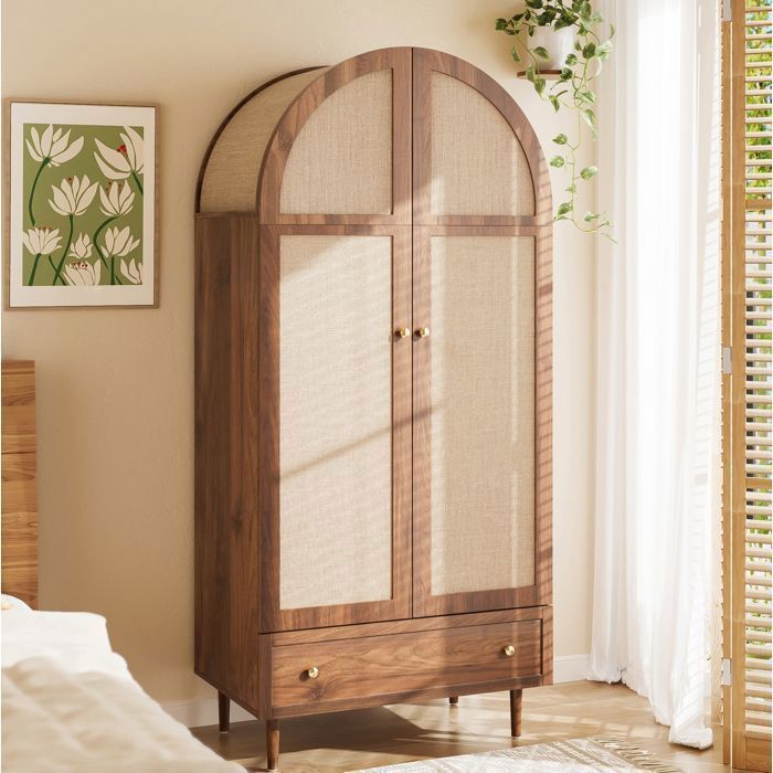 Armoire de rangement chambre–gain de place79x50x175cm2 portes en tissu1 tiroirMDF aspect noyerdesign Vintage