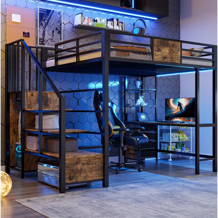 WOVREO Lit mezzanine 140 x 200 cm en métal avec bureau rangements penderie LED et prise européenne noir