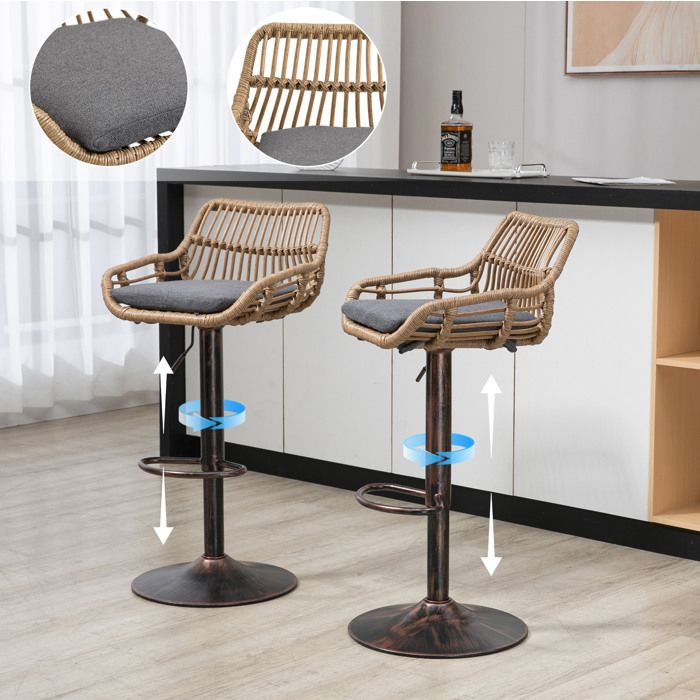 WOVREO lot de 2 tabourets de bar pivotants 360° réglables en hauteur avec accoudoirs rotin PE gris