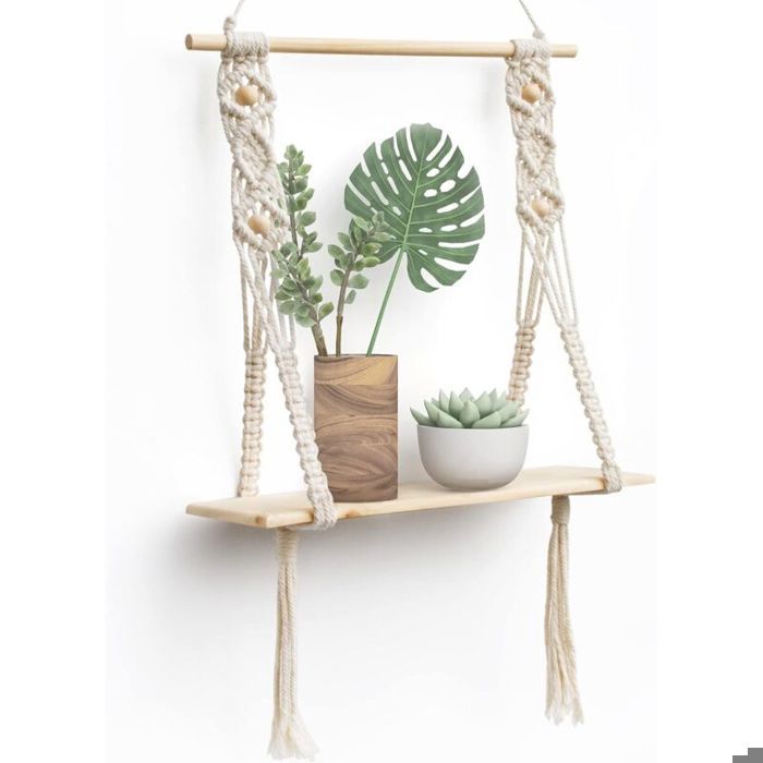 Étagère Murale Macramé - Style bohème tissé main Bois pin naturel et corde - Décoration chambre salon