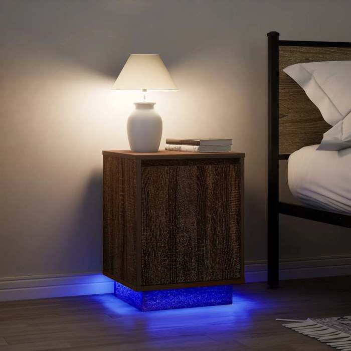 Cabinet de Lit Moderne Gris Table de chevet/nuit avec rangement avec lumières LED chêne marron 38x34x50 cm CC4251