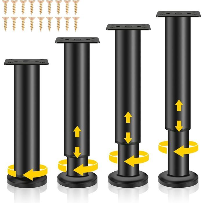 Lot de 4 pieds de meuble réglables acier noir hauteur ajustable 18-30 cm fixation universelle avec vis incluse table canapé lit