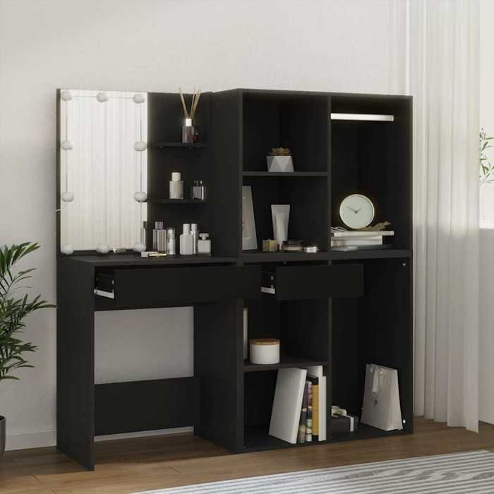 Bleu Coiffeuse à LED avec armoires noir bois dingénierie - Meuble Rangement LV26504
