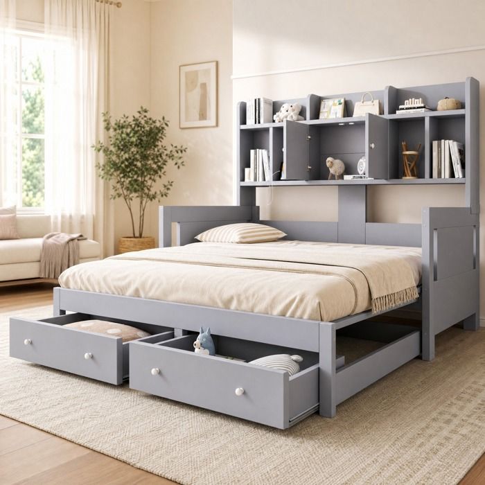 Lit escamotable extensible 90x190 gris avec rangement 2 tiroirs prises électriques et LED TYNQER