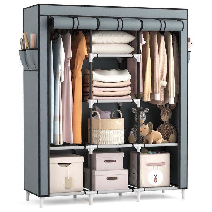 Armoire en tissu pliable 124 x 42 x 162 cm - 2 tringles à vêtements 8 compartiments et 4 pochettes gris grande capacité