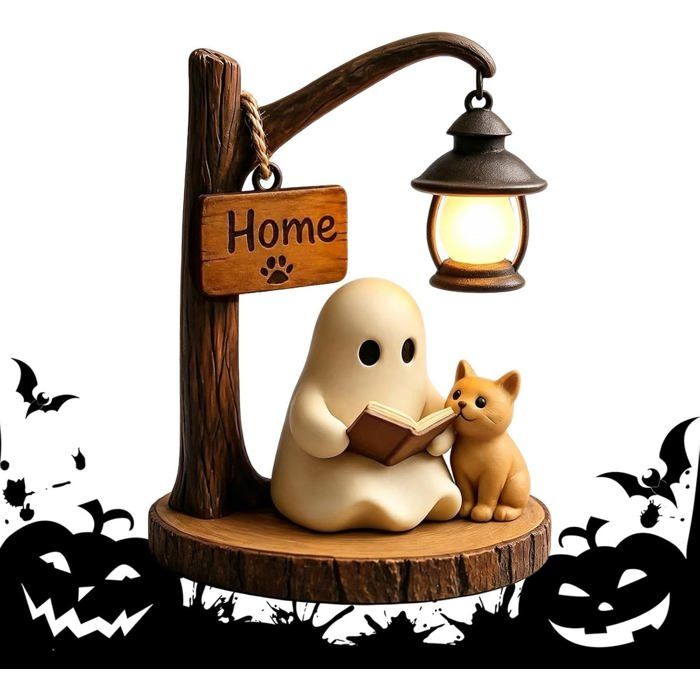 Lampe vintage Lanterne de bibliothèque fantôme avec figurines de chats en 3D – Lanterne détagère fantôme adorable